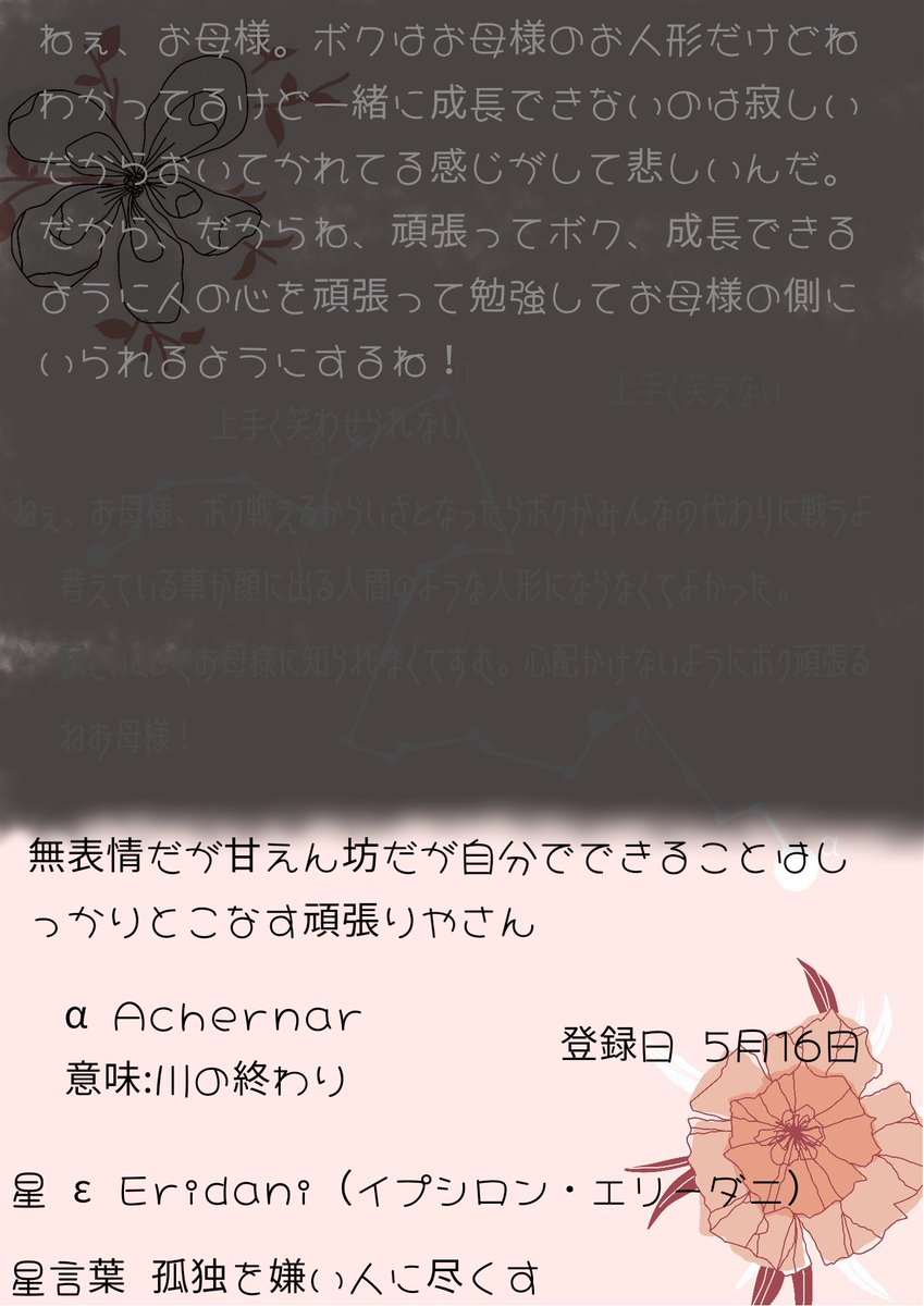 のえる Maemuitearuke 箱庭cs提出 つくしんぼさんの所の1番目のお人形さんです お母様ガチ勢で基本無表情なボクっ娘です マークは Nitter