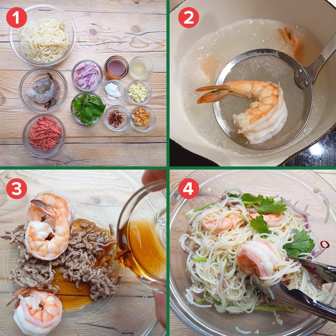 Tasty Japan Tastyjapan そうめんがエスニックに ヤムウンセン風そうめん ボウルにナンプラー大1 にんにく 1片 砂糖と赤唐辛子とレモン汁各小1 干しえび10g レモン汁 お湯でゆでたえび2尾 豚ひき肉50gを加えて混ぜる ゆでたそうめん100g パクチー1 3束 紫