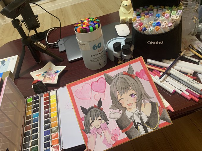 さきちゃ お絵描き垢 Sxxxxxkc23 カレンチャン 自己満ﾃﾞｽ みぃちゃのところに行くんやで テーブルの上は毎回 画材で溢れます でも眼福だから良き イラスト好きさんと繋がりたい アナログイラスト カレンチャン ウマ娘プリティダービー 水彩