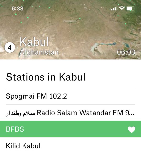 Uponsnow Uponsnow 喀布尔有四个广播电台提供串流服务 其中专为北约军人服务的英国台bfbs还在播英语流行歌曲 有一个台似乎在播晨礼 Nitter