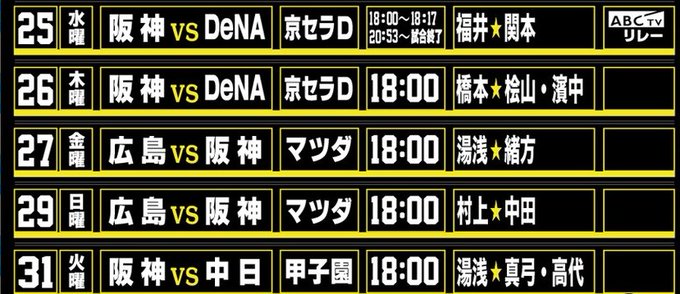 サンテレビ 公式 Suntv3 今週の サンテレビボックス席 3tvbox 阪神 Vs Dena 25日 リレー中継 26日 よる６時 広島 Vs 阪神 27日 よる６時 29日 よる６時 8月はあと5試合 9月は14試合 放送予定 リレー含む 多い