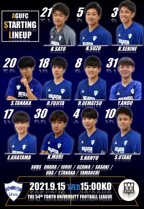 青山学院大学体育会サッカー部 Agufc22 Start Gk 21 佐藤海斗 Df 田中颯太 3 関根浩平 5 鈴直樹 Mf 31 安藤如登 8 植松亮 18 藤田凌央 4 羽生識 30 盛嘉伊人 17 新玉瑛琉 Fw 10 大竹将吾 Nitter