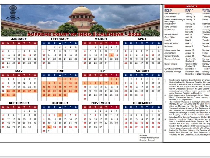 2022 Supreme Court Calendar Shashank Shekhar Jha (@Shashank_Ssj): "Calendar Of Supreme Court For 2022.  Working Hours: 25 Hours In A Week. Working Days: 220 Days In A Year.  Saturday-Sunday Off. Situation Of Biggest Democracy And Highest