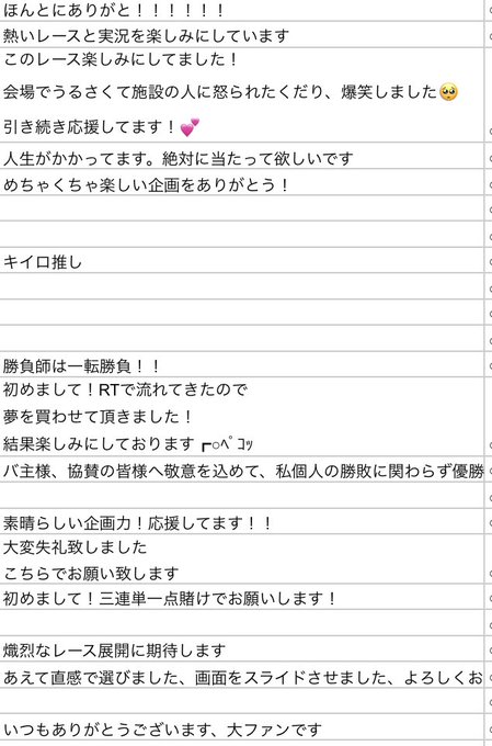 月亭ももぽぽ Popomisterpopo1 有バ記念 バ券購入いただいた方のコメントを一部抜粋 温かい言葉に胴元ももぽぽ涙ほろりほろりです ありがとう オッズなど見ての買い直しも21 50まで可能です 無料なのでみんな気軽に予想してね Nitter