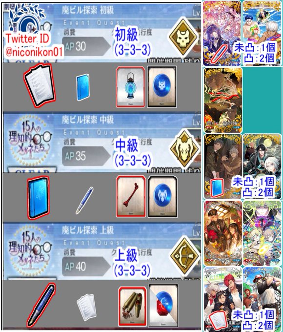 Kon Fgo Niconikon01 Fgoホワイトデーイベント 15人の理知的なメガネたち 03 02 18 00 03 03 18 00 01 上級まで フリクエ等まとめました 赤色の枠のアイテムがそこが最高効率です Fgo Fatego Nitter