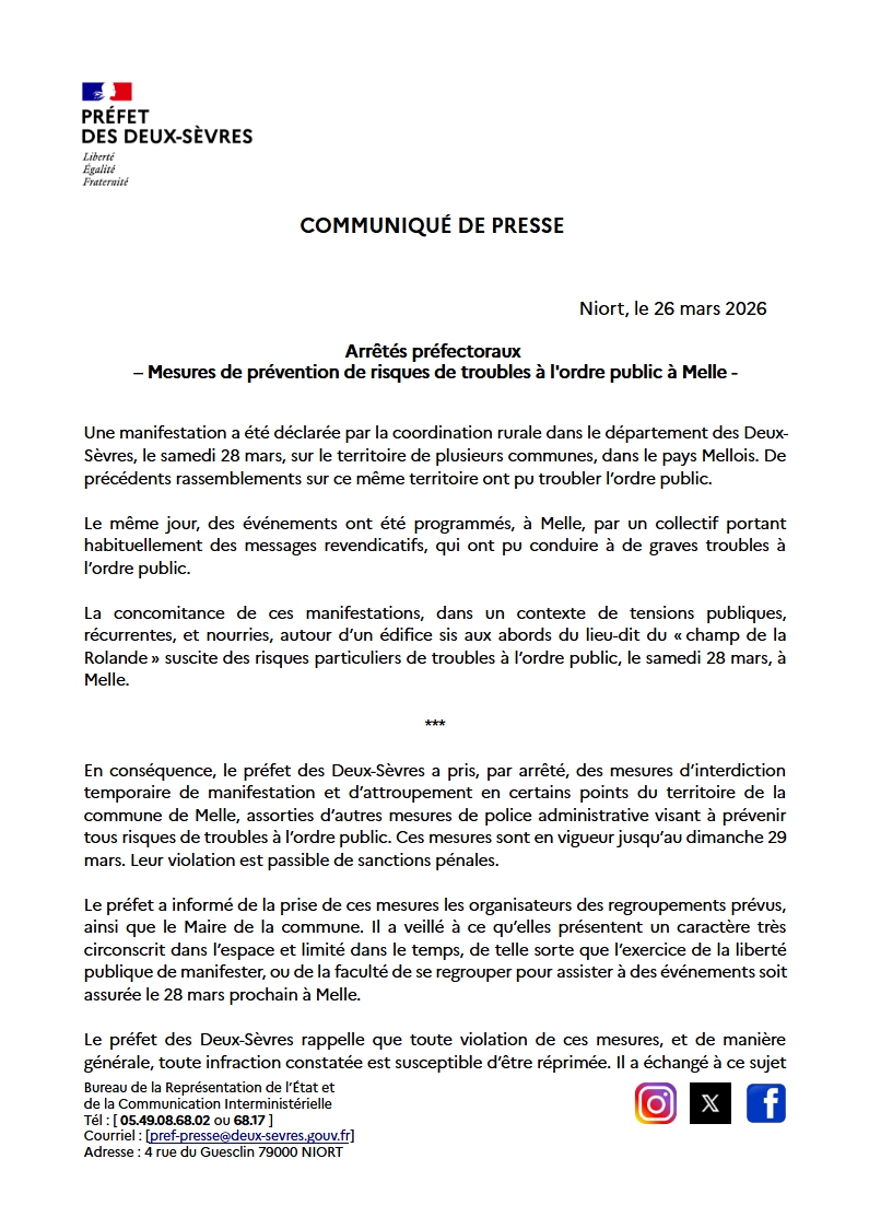 Interdiction de manifestations et rassemblements à Melle (Deux-Sévres) le 28 mars 2026