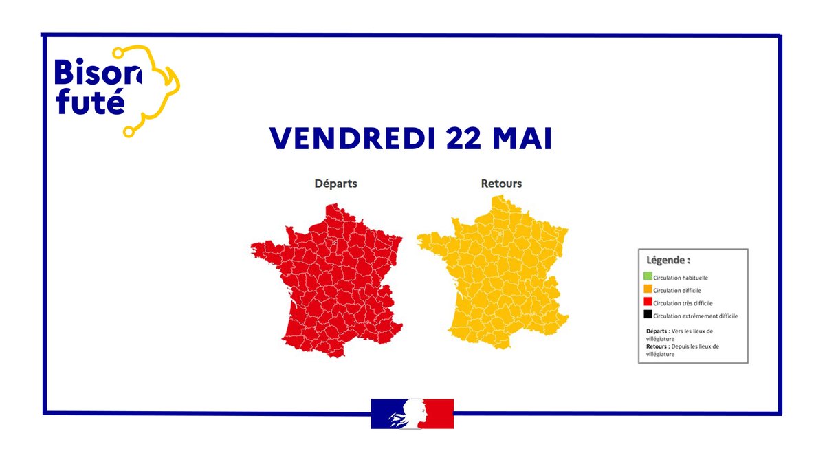 #InfoTrafic | đźš— Week-end de la PentecĂ´te
🔴 Week-end très chargé sur les routes : @BisonFute_MT la journée de vendredi rouge au niveau national dans le sens des départs.
➡️ Des flux particulièrement importants sont attendus vers l’Ouest :
• fortes dif