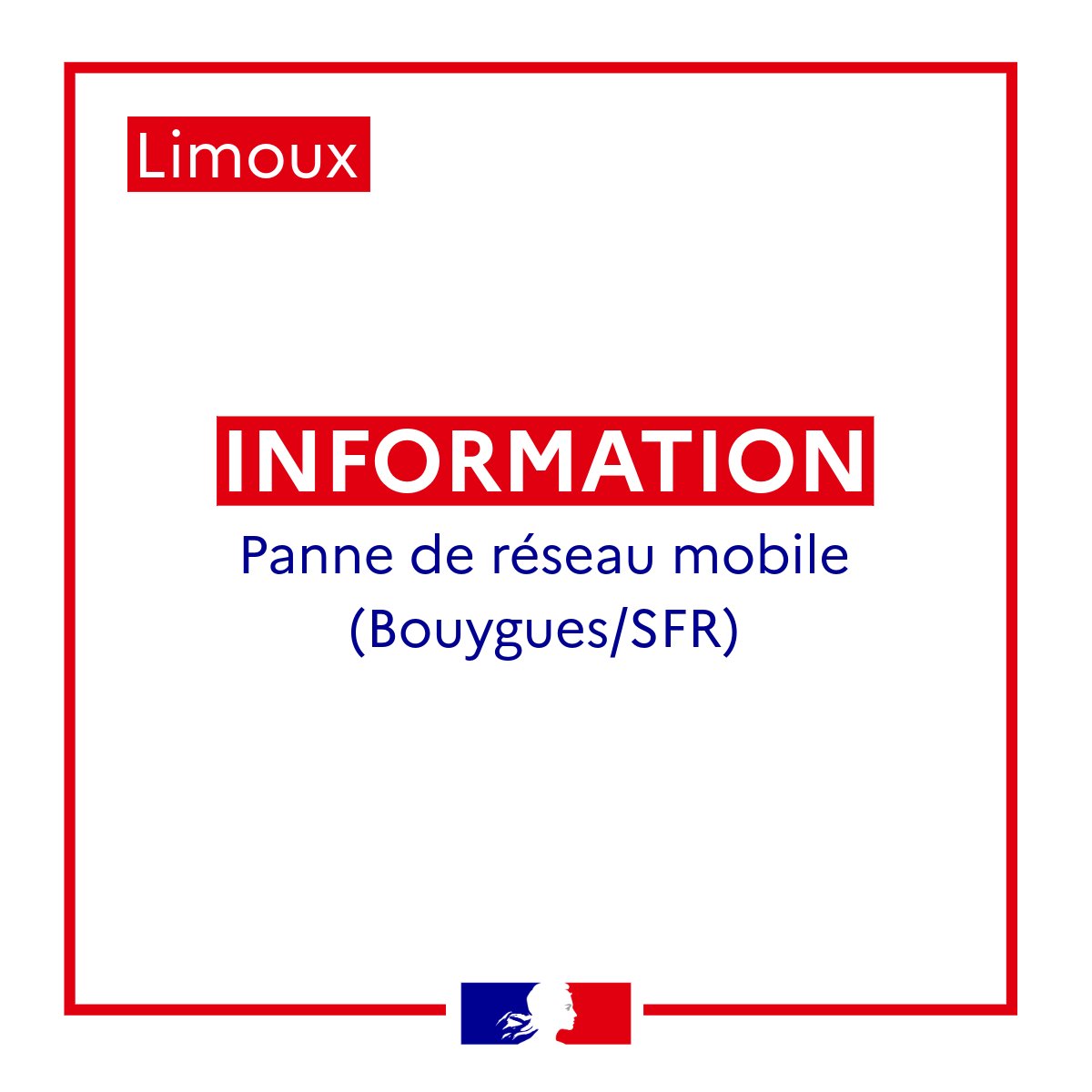 #InfoReseau | PERTURBATIONS TÉLÉPHONIQUES
📱 Les réseaux mobiles SFR et Bouygues sont actuellement perturbés sur le secteur de Limoux.
👷 Intervention des techniciens en cours pour rétablir la situation.
✅ Les numéros d'urgence (15, 17, 18 et 112) foncti