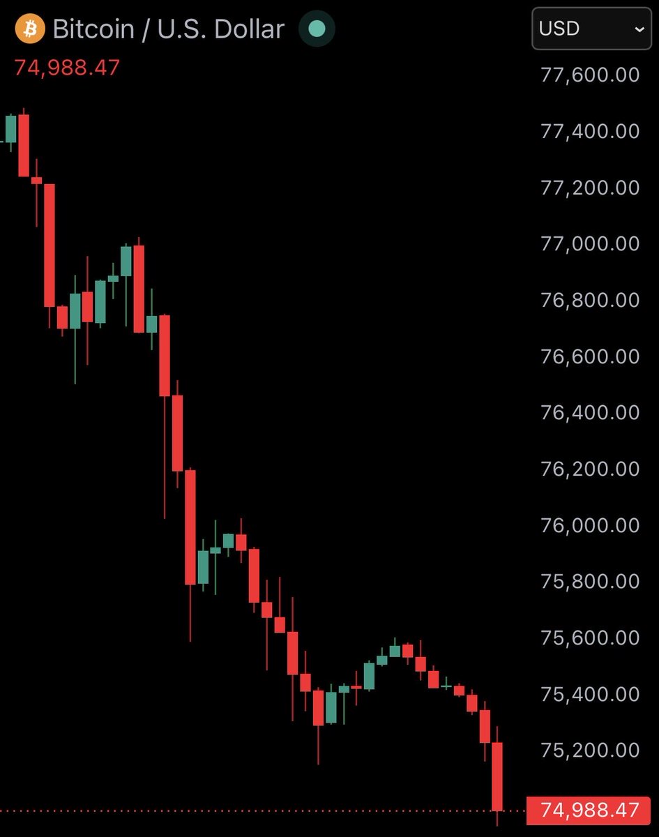 JUST IN: Bitcoin falls under $75,000