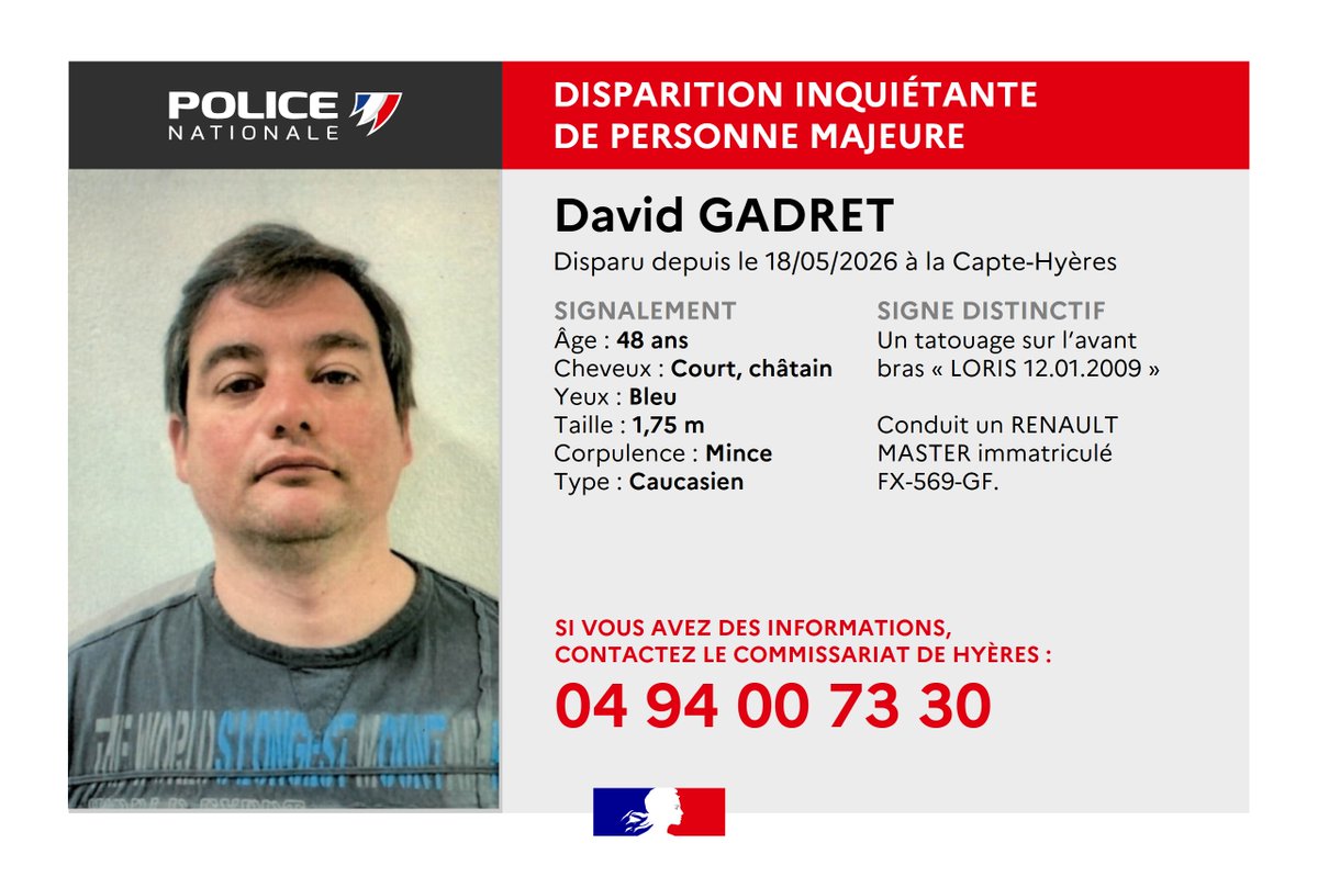 Appels à témoins de la police nationale du Var : David Gadret, disparu depuis le 18 mai 2026 à la Capte-Hyères
