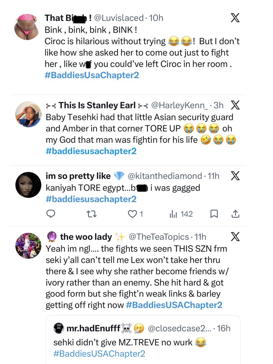 R to @The_ZeusNetwork: #6 SECURED‼️ That’s right, #BaddiesUSAChapterTWO, #Tesehki, #Tommie, #MissKaniyah, #AmberAli & #MsEgypt all has FANS talking on TWITTER “X” last night!! 👏🏾🔥 Swipe right to see the TWEETS & comment your THOUGHTS 👇🏾