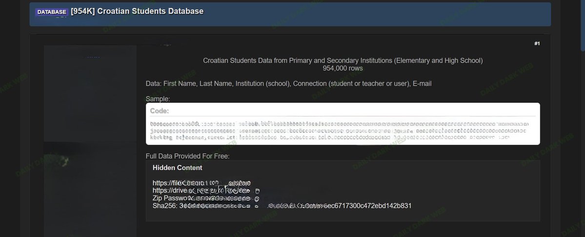 Daily Dark Web: Croatian Student Database Allegedly Shared on Dark Web Forum A threat actor has published what they claim is a database containing approximately 954,000 records related to students from Croatian primary and secondary schools. Daily Dark Web: Croatian Student Database Allegedly Shared on Dark Web Forum A threat actor has published what they claim is a database containing approximately 954,000 records related to students from Croatian primary and secondary schools.
