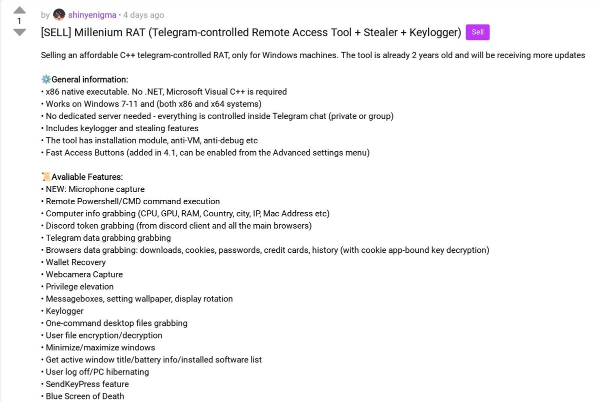 Group-IB Threat Intelligence: Pinned: #MilleniumRAT (v4.x) marks a significant evolution in the threat landscape. The #malware has been completely rewritten from .NET to a native C++ application, removing .NET dependencies. This architectural shift enables greater stealth and resilience, making detection more challenging. The #Telegram Bot API remains the core C2 mechanism. Group-IB Threat Intelligence: Pinned: #MilleniumRAT (v4.x) marks a significant evolution in the threat landscape. The #malware has been completely rewritten from .NET to a native C++ application, removing .NET dependencies. This architectural shift enables greater stealth and resilience, making detection more challenging. The #Telegram Bot API remains the core C2 mechanism.