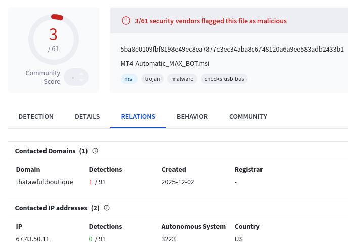 MalwareHunterTeam: A possible interesting, low detected sample that was seen from Italy has @ET_Labs "ET MALWARE Win32/Darkme Trojan Checkin M1" traffic match to that IP address. In case correct, that IP can be related to Evilnum APT... As soon as @smica83 has time, the sample will be uploaded to Bazaar and then anyone can look. cc @marsomx_ @G60930953 MalwareHunterTeam: A possible interesting, low detected sample that was seen from Italy has @ET_Labs "ET MALWARE Win32/Darkme Trojan Checkin M1" traffic match to that IP address. In case correct, that IP can be related to Evilnum APT... As soon as @smica83 has time, the sample will be uploaded to Bazaar and then anyone can look. cc @marsomx_ @G60930953