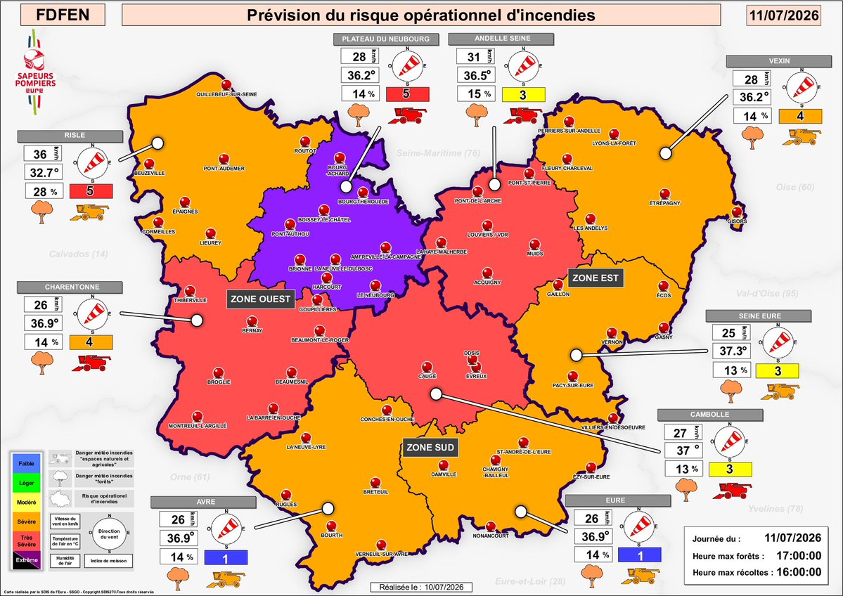 #Feux | 🔥 Le risque #incendie est très sévère, voire extrême, 🔴 dans une partie du département de l’#Eure ce samedi 11/07 dans : 🌳 les forêts : consultez la météo des forêts de @meteofrance 🌾 les espaces non boisés : consultez la carte du @sdis27 ⚠️ Redou