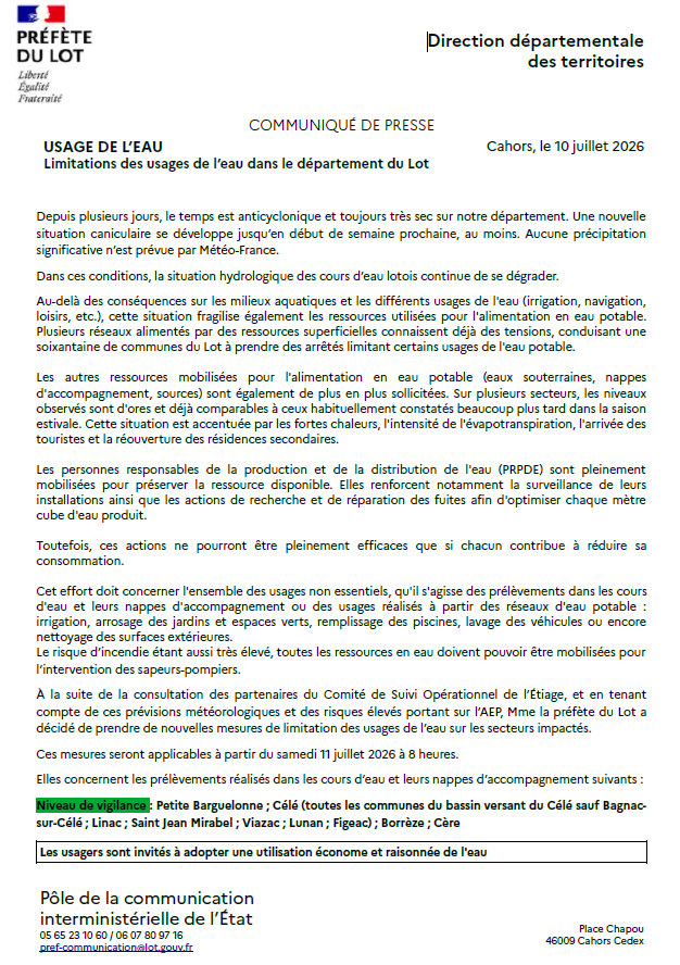 #Eau | Communiqué de presse relatif aux restrictions d'usage de l'eau dans le département 👇