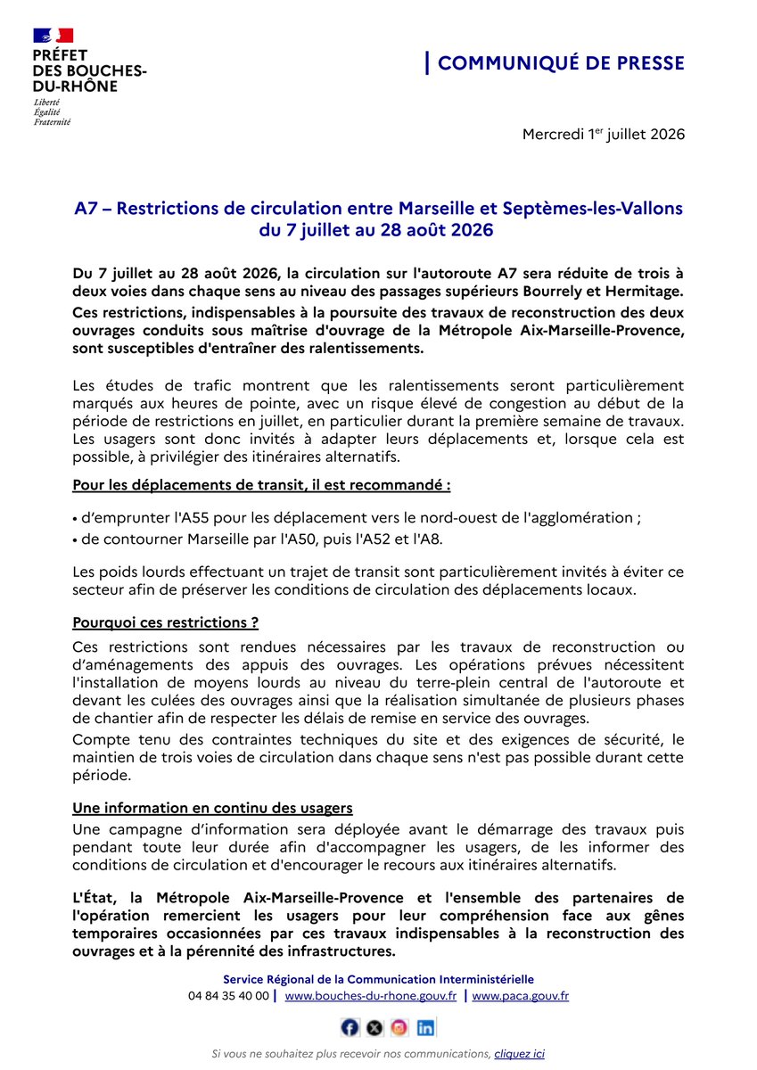 Réduction de la circulation sur l'A7 entre Marseille et Septèmes-les-Vallons
