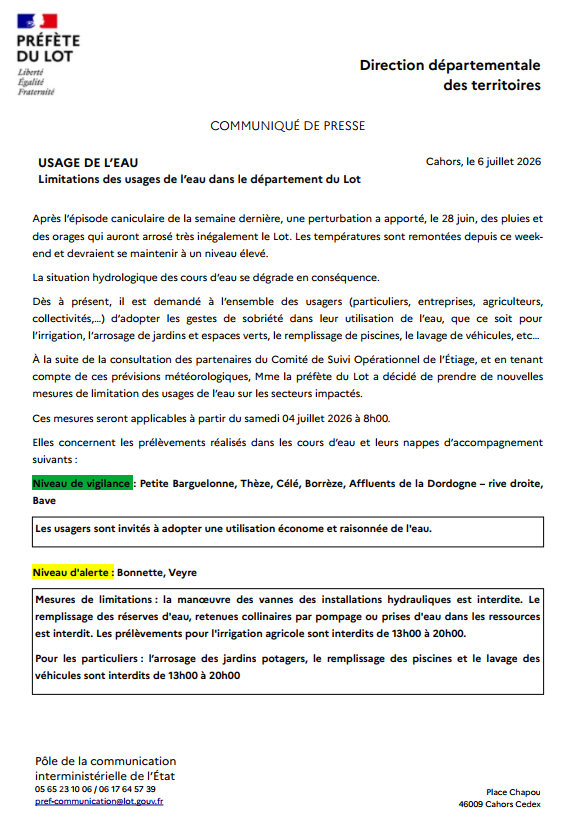 Limitations des usages de l'eau dans le département du Lot