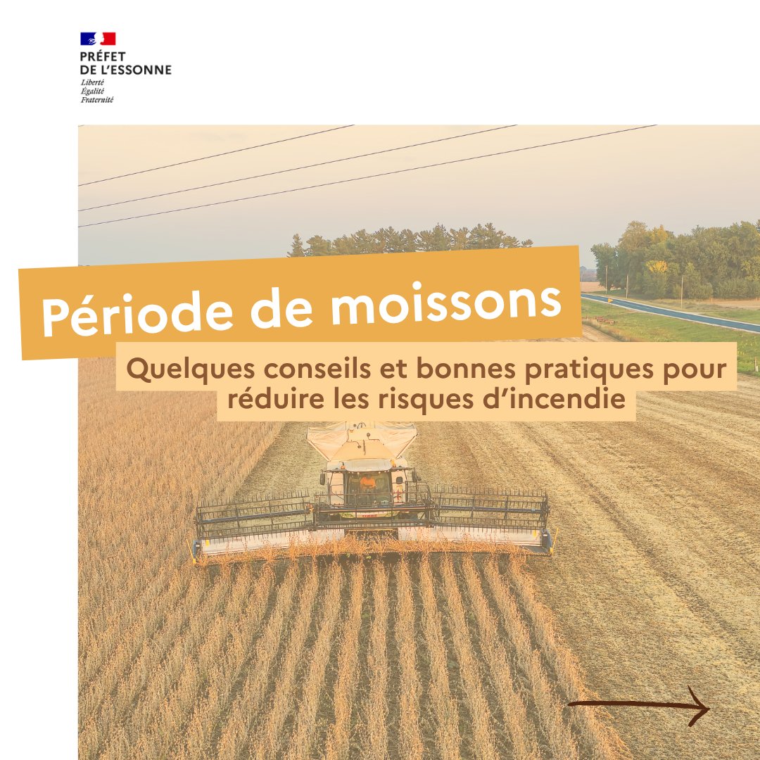 #Prévention | 🌾 Moissons : adoptons les bons réflexes En période de moissons, la présence de végétation sèche, les fortes chaleurs et l’utilisation d’engins agricoles peuvent augmenter les risques de départ et de propagation d’incendie. Contrôle des engin