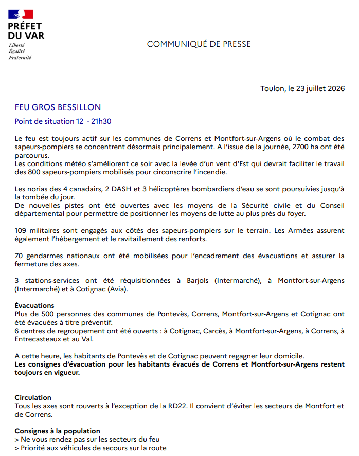 Feu de forêt à Gros-Bessillon : situation au 23 juillet à 21h30