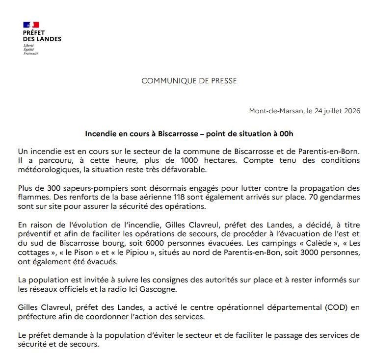 Incendie à Biscarrosse et Parentis-en-Born : évacuations massives