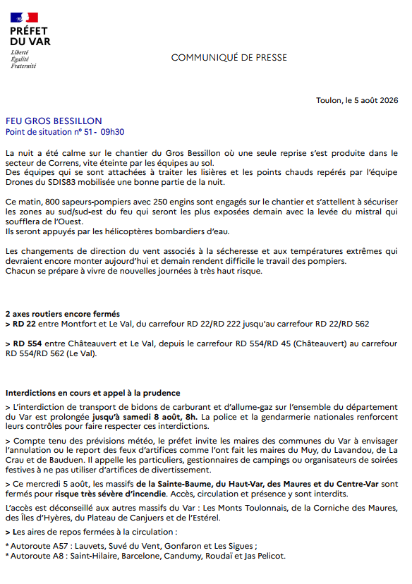 Feu du Gros Bessillon : situation à 09h30 le 5 août 2026