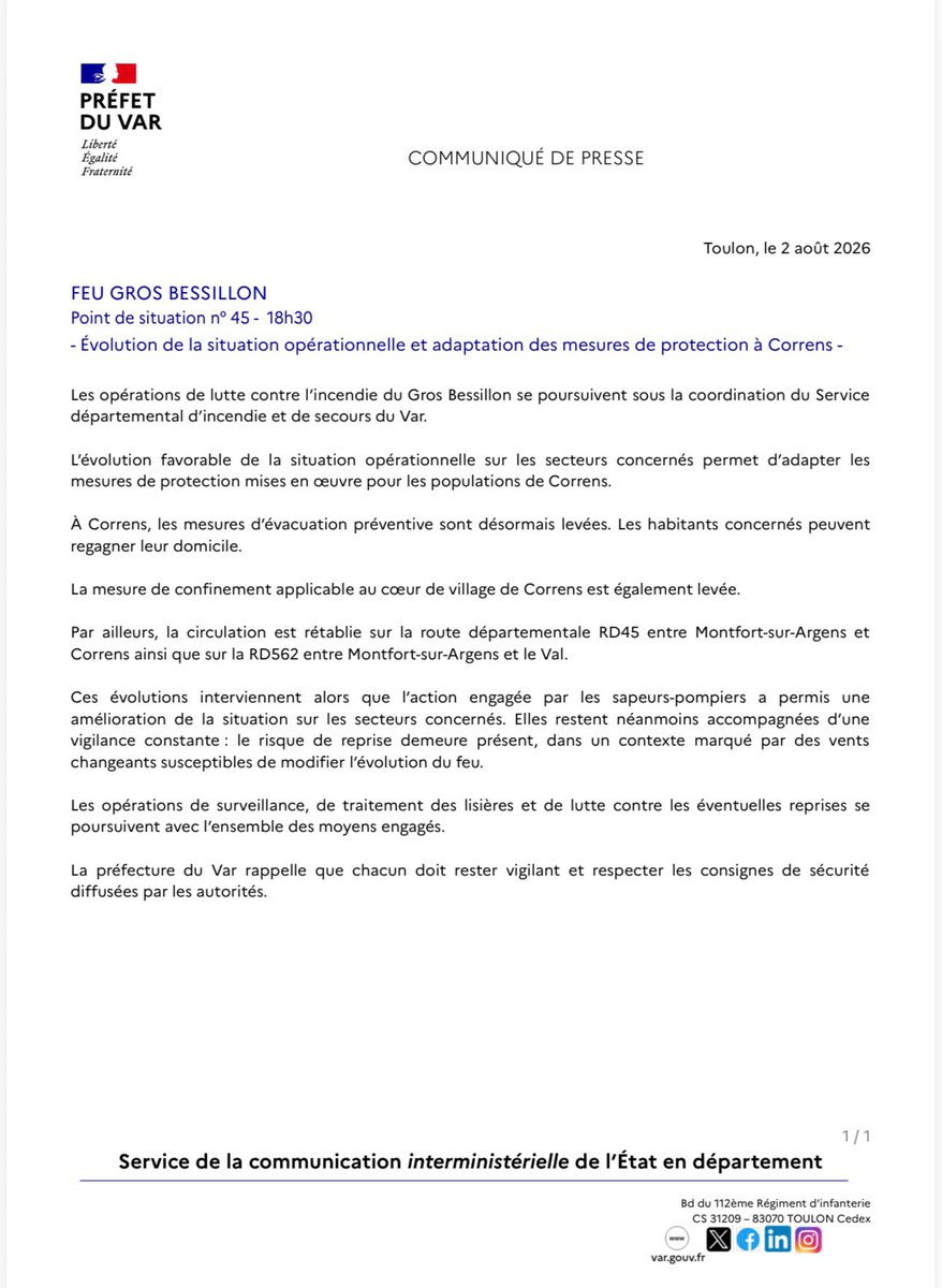 Évacuation levée à Correns après le feu du Gros Bessillon