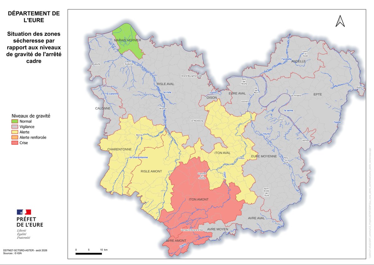 Évolution de la sécheresse dans l'Eure : Calonne et Eure moyenne en vigilance