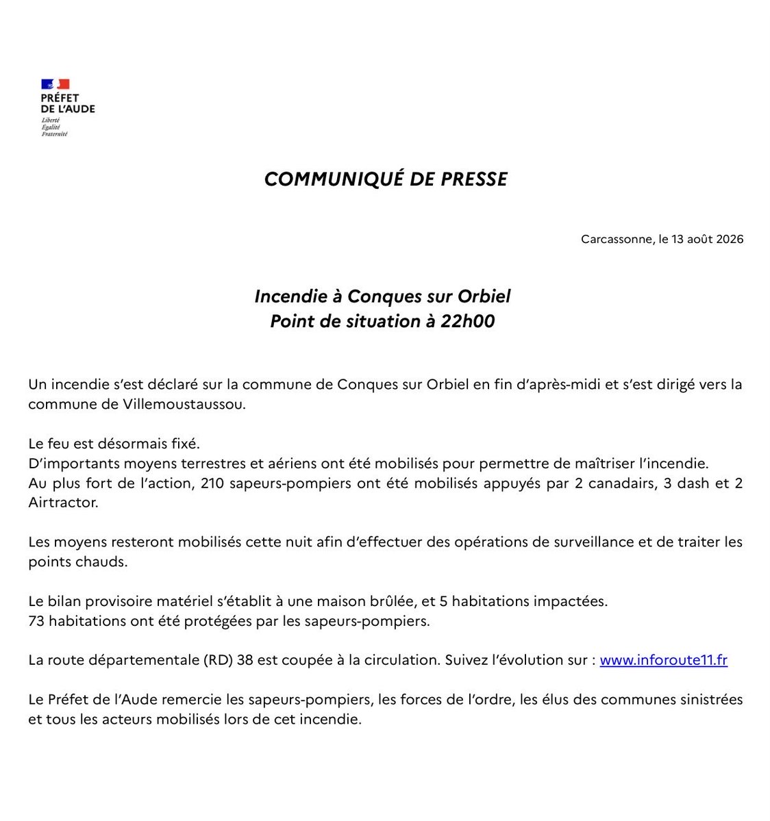 Incendie à Conques-sur-Orbiel : feu fixé à 22h00